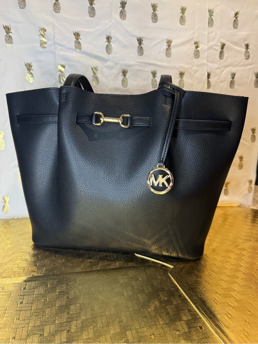 Michael Kors Black Pebbled Leather Tote with Gold MK Medallion